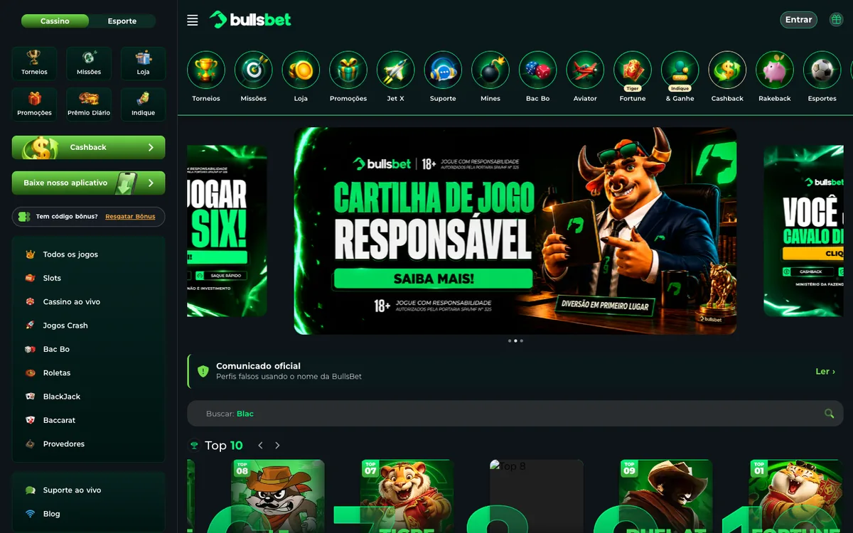 Página inicial da Bullsbet no computador: menu lateral, atalhos, banner e Top 10