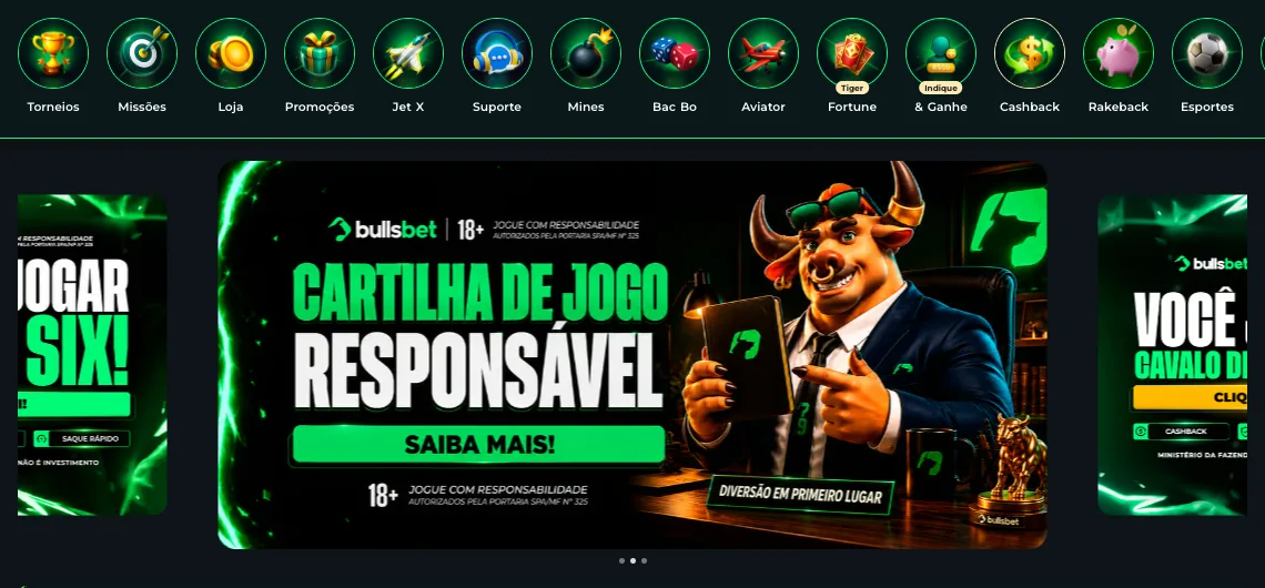 Atalhos da Bullsbet: Torneios, Missões, Loja, Jet X, Mines, Bac Bo, Aviator, Fortune, Cashback e Rakeback